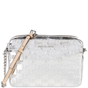 Michael Kors     Jet Set Large East West Silver Signature Embossed Logo Crossbody Bag