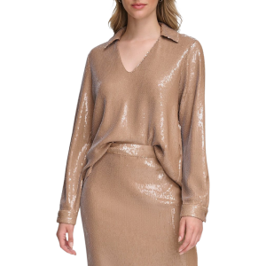 Calvin Klein        Sequin Collared V-Neck Long Sleeve Blouse