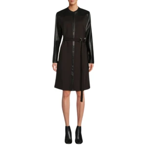 CALVIN KLEIN Band Collar Belted Shirt Dress