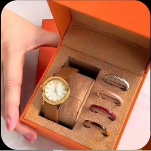 Tory Burch Watch and Ring Gift Set - Camel strap, Gold bezel, Cream dial; Rings: Assorted (Silver, Rose Gold, Burgundy, Tortoiseshell)