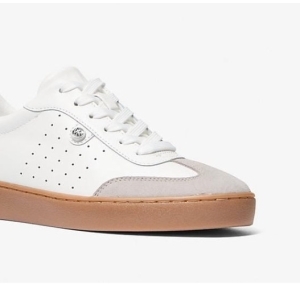 Michael Kors Scotty Leather Sneaker - White with Gray/Beige accents and Tan sole - Size 9 US