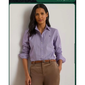 Lauren Ralph Lauren Women's Classic Fit Striped Broadcloth Shirt - Light Purple Striped - Size Medium