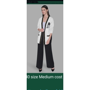 Karl Lagerfeld Paris Long Cardigan with Patches - White with Black Trim - Size Medium