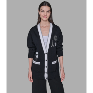 KARL LAGERFELD PARIS VARSITY CARDIGAN WITH PATCHES - Black and White - Size XL