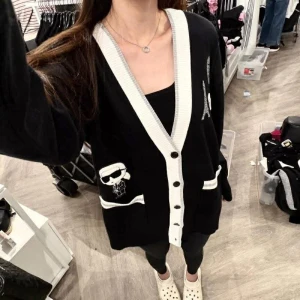 Karl Lagerfeld Cardigan with Pins - Black with White Trim - Size XL