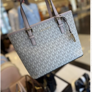 Michael Kors Signature Small Tote Bag - Vanilla/Light Gray Monogram with Light Pink Trim