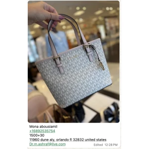 Michael Kors Small Tote Bag - Light Gray Monogram with Light Pink Trim