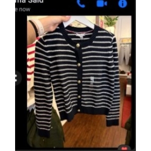 Tommy Hilfiger Striped Cardigan with Gold Buttons - Navy Blue and White - Size XL