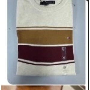 Tommy Hilfiger Striped Crewneck Sweater - Light Beige/Cream with Brown and Burgundy Stripes - Size large