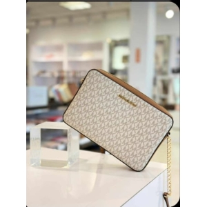Michael Kors Monogram Crossbody Bag - Beige/Cream with Brown Monogram