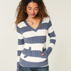 Hollister Cable-knit V-neck Hoodie Sweater - Blue grey stripe - Size XS