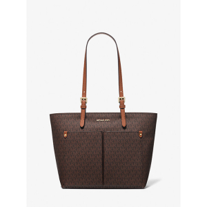 Michael Kors MK Monogram Tote Bag - Dark Brown Monogram with Tan Handles