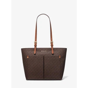 Michael Kors MK Monogram Tote Bag - Dark Brown Monogram with Tan Handles
