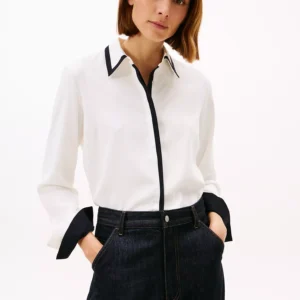 Tommy Hilfiger Long-Sleeve Contrast Crepe Shirt - Cream with Black trim - Size XL