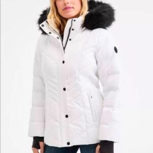 Michael Kors Women's Faux-Fur-Trim Hooded Puffer Coat - White with Black Faux Fur - Size XXL