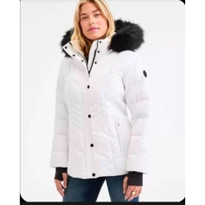 Michael Kors Women's Faux-Fur-Trim Hooded Puffer Coat - White with Black Faux Fur - Size XXL
