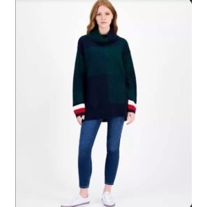 Tommy Hilfiger Women's Plaid Cowlneck Sweater - Dark Green and Navy Blue with Red/White Stripes - Size medium