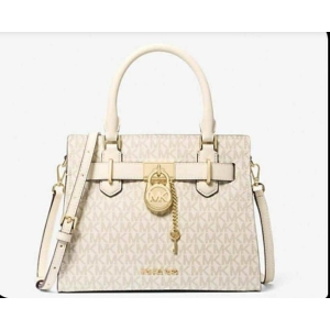 Michael Kors Satchel Handbag with MK Monogram and Lock - Cream