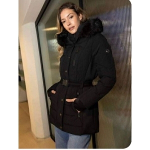 MICHAEL KORS Quilted Puffer Jacket with Faux Fur Hood and Belt - Black - Size medium