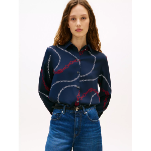 Tommy Hilfiger Relaxed-Fit Chain-Print Crepe Shirt - Navy Blue with White and Red print - Size XL