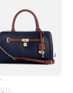 Guess Satchel Handbag - Navy Blue with Brown Trim