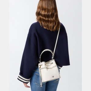 Pinko Small leather bucket bag with threads - Creamy-White - Image 6