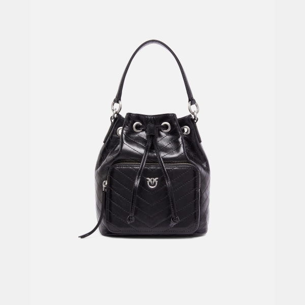 Pinko Small leather Cargo Bucket Bag with pocket - Black
