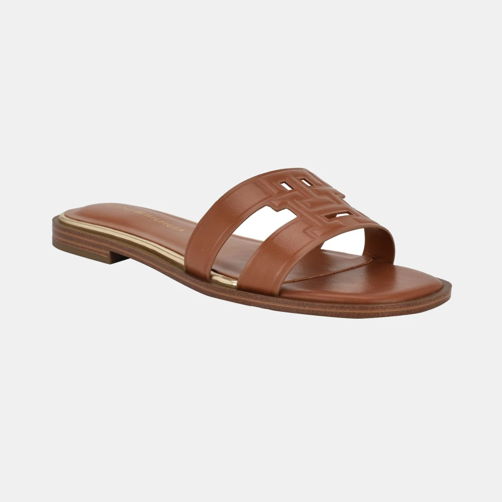 Tommy Hilfiger Women's Terenz Logo Strap Flat Slide Sandals - Cognac