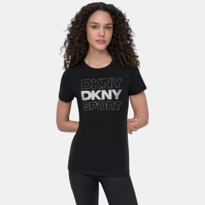DKNY Women's Sport Glitter Logo Crew Neck T-shirt - Black/silver