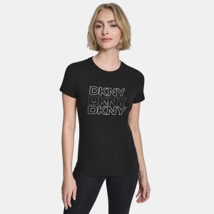 Women's Triple Rhinestone Foil Logo Crewneck Baby T-Shirt - Black