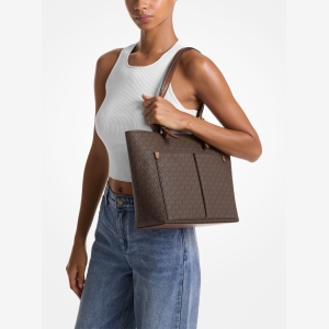 Michael Kors Outlet Jet Set Medium Logo Pocket Tote Bag - BROWN - Image 4