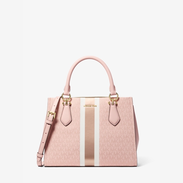 Marilyn Medium Signature Logo Stripe Satchel - Powder Blush