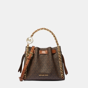Michael Kors Outlet Mina Small Signature Logo Chain Crossbody Bag - BROWN