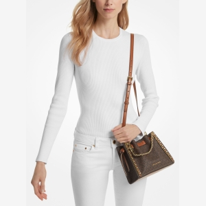 Michael Kors Outlet Mina Small Signature Logo Chain Crossbody Bag - BROWN - Image 4