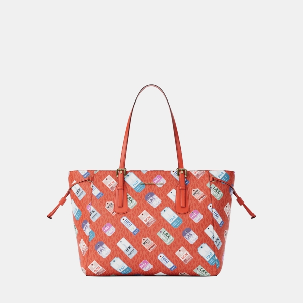 Michael Kors Outlet Voyager Large Printed Signature Logo Tote Bag - DK SANGRIA