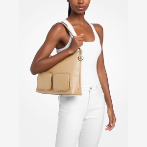 Michael Kors Outlet Merritt Large Pebbled Leather Cargo Shoulder Bag - CAMEL - Image 4