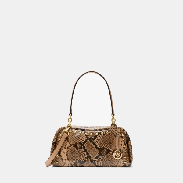 Michael Kors Outlet Cecily Small Studded Snake Embossed Shoulder Bag - CAMEL