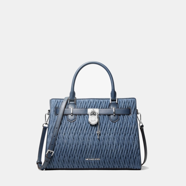 Michael Kors Outlet Hamilton Medium Matelassé Denim Satchel