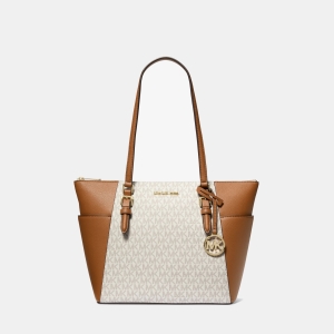 Charlotte Large Logo and Leather Top-Zip Tote Bag - Vanilla