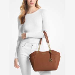 Michael Kors Outlet Jet Set Large Saffiano Leather Shoulder Bag - LUGGAGE - Image 4