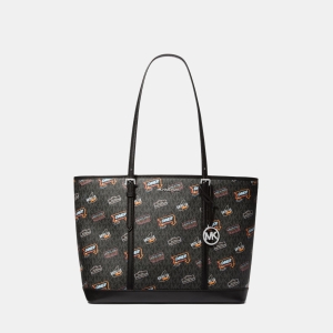 Michael Kors Outlet Jet Set Large Printed Signature Logo Tote Bag - BLACK