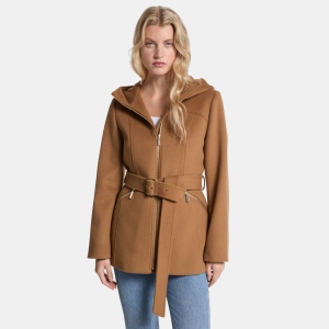 Wool Blend Hooded Coat - DARK CAMEL