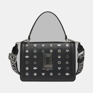 KARL LAGERFELD PARIS SIMONE LEATHER FLAP SATCHEL WITH PINS