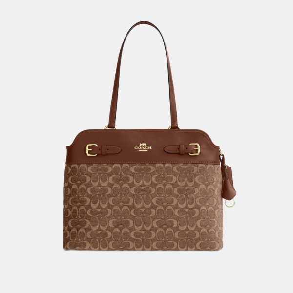 Coach Easton Tote Bag In Signature Chenille - Gold/Light Khaki/Vintage Brown