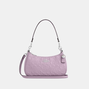 Coach Teri Shoulder Bag In Signature Leather With Heart Charm - Silver/Light Violet