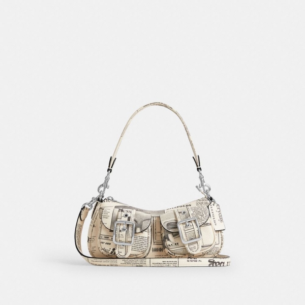 Coach Ashton Shoulder Bag With Newspaper Print - Silver/Chalk Multi