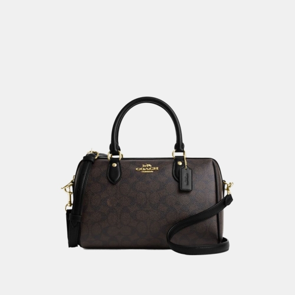 Rowan Satchel Bag In Signature Canvas - Gold/Walnut/Black