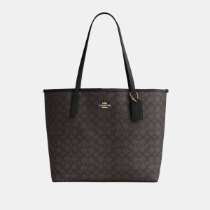 Coach City Tote Bag In Signature Canvas - Gold/Walnut/Black