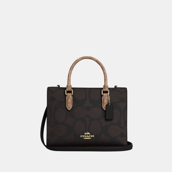 Coach Maggie Small Tote Bag In Blocked Signature Canvas - Gold/Walnut/Tan