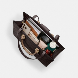 Coach Maggie Tote Bag In Blocked Signature Canvas - Gold/Walnut/Tan - Image 6